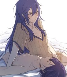 Rule 34 | 1boy, 1girl, afterglow, bed, bed sheet, blue eyes, blue hair, blush, breasts, cleavage, clothed female nude male, couple, fire emblem, fire emblem awakening, hetero, long hair, looking at another, lucina (fire emblem), lying, morgan (fire emblem), morgan (male) (fire emblem), naked sheet, nightgown, nintendo, nude, sitting, sleeping, small breasts, smile, tusia, v-neck, yokozuwari