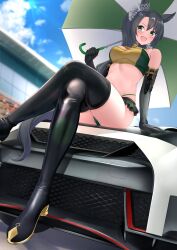 Rule 34 | 1girl, absurdres, animal ears, black hair, blurry, blurry background, blush, boots, breasts, car, cleavage, commentary request, detached sleeves, green eyes, herohero (higashi no dou), highres, horse ears, horse girl, horse tail, lens flare, long hair, looking at viewer, medium breasts, motor vehicle, open mouth, race vehicle, racecar, satono crown (umamusume), side ponytail, sitting, sky, tail, thigh boots, umamusume, umbrella