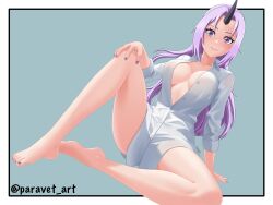 Rule 34 | 1girl, absurdres, arm support, artist name, bare legs, barefoot, black horns, blush, border, bottomless, breasts, closed mouth, collarbone, collared shirt, dutch angle, eyelashes, feet, female focus, full body, grey background, hand on own knee, highres, horns, knee up, large breasts, leaning forward, legs, long hair, long sleeves, looking at viewer, nail polish, no pants, paravet, parted bangs, partially unbuttoned, purple eyes, purple hair, purple nails, shiny skin, shion (tensei shitara slime datta ken), shirt, sidelocks, signature, single horn, sitting, solo, spread legs, tensei shitara slime datta ken, thighs, toenail polish, toenails, toes, twitter username, white border, white shirt