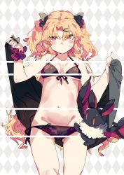 Rule 34 | 1girl, akatsuki uni, argyle, argyle background, argyle clothes, bare shoulders, bat (animal), bikini, black bikini, blonde hair, blush, breasts, closed mouth, commentary request, front-tie bikini top, front-tie top, gluteal fold, groin, hair between eyes, hair ornament, halterneck, hands up, highres, karei, long hair, looking at viewer, navel, parted bangs, red eyes, side-tie bikini bottom, small breasts, solo, split depth, string bikini, sweat, sweatdrop, swimsuit, thighs, two side up, underboob, uni create, virtual youtuber, wrist cuffs