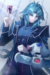Rule 34 | 1boy, aqua eyes, aqua hair, black coat, card, coat, collar, covered abs, duel academy uniform (yu-gi-oh! gx), duel disk, expressionless, eyeshadow, feet out of frame, highres, holding, holding card, light, long hair, looking to the side, makeup, male focus, marufuji ryo, nodo sn, official alternate costume, open clothes, open coat, pectorals, shirt, sidelocks, solo, spiked collar, spikes, standing, taut clothes, taut shirt, toned, toned male, yu-gi-oh!, yu-gi-oh! gx