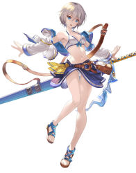 Rule 34 | 1girl, absurdres, anastasia (idolmaster), armpits, bare legs, bare shoulders, bikini, blue eyes, breasts, cosplay, farrah (granblue fantasy), farrah (granblue fantasy) (cosplay), front-tie bikini top, front-tie top, full body, granblue fantasy, halterneck, halterneck, highres, huge weapon, idolmaster, idolmaster cinderella girls, jacket, long sleeves, looking at viewer, medium breasts, midriff, navel, off shoulder, open clothes, open jacket, open mouth, outstretched arms, sandals, sarong, sheath, sheathed, short hair, silver hair, smile, solo, stomach, strap, string bikini, swimsuit, sword, taka (takahirokun), thighs, weapon, white bikini, white jacket