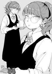 Rule 34 | 1girl, absurdres, apron, bow, earrings, glasses, greyscale, hadashi no kenji, highres, holding, holding tray, jewelry, long sleeves, looking at viewer, monochrome, multiple views, original, ponytail, shoes, standing, stud earrings, teapot, tray, wristband