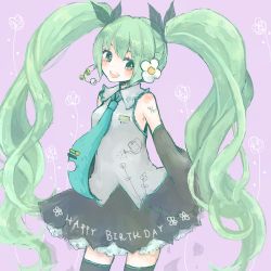 Rule 34 | 1girl, 1st-mn, detached sleeves, green eyes, green hair, happy birthday, hatsune miku, long hair, matching hair/eyes, necktie, open mouth, skirt, solo, thighhighs, twintails, very long hair, vocaloid