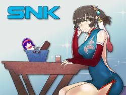 Rule 34 | 1girl, china dress, chinese clothes, dress, gauntlets, high heels, highres, mian (kof), short dress, sitting, snk, snk heroines: tag team frenzy, stormowl, tagme