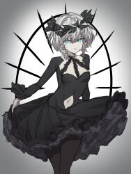 Rule 34 | 1girl, am isuel, black dress, black pantyhose, blue eyes, breasts, cleavage cutout, clothing cutout, dress, head wreath, highres, layered dress, lolita fashion, long sleeves, navel cutout, pale skin, pantyhose, rance (series), simple background, small breasts, white hair, yononaka