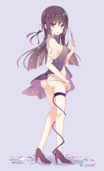 Rule 34 | 1girl, ass, babydoll, bad id, bad pixiv id, bare arms, bare legs, bare shoulders, black hair, braid, breasts, broken glass, butt crack, choker, commentary, facial mark, from side, full body, glass, hand up, high heels, highres, holding, lingerie, long hair, looking at viewer, looking to the side, lowleg, lowleg panties, medium breasts, original, panties, purple background, purple footwear, purple heels, red eyes, ribbon choker, sidelocks, simple background, solo, standing, syringe, thigh strap, thighs, tongue, tongue out, underwear, white choker, white panties, yu-ori
