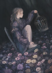 Rule 34 | 1girl, bird, birdcage, blunt bangs, braid, brown eyes, brown hair, buttons, cage, chair, commentary, crow, daisy, dress, dutch angle, expressionless, field, flower, flower field, frilled dress, frilled sleeves, frills, from side, full body, grass, hair ribbon, half-closed eyes, half updo, hand on own foot, hand up, highres, holding, holding cage, hotatenshi, lace, lace pantyhose, leaf, long hair, looking down, meadow, on chair, on grass, original, outdoors, pantyhose, pink flower, profile, purple dress, purple flower, ribbon, single braid, solo, squatting, wavy hair, white pantyhose, yellow flower