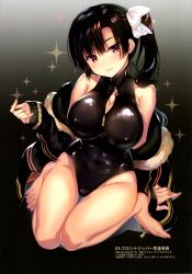 Rule 34 | 1girl, absurdres, bare shoulders, black hair, black jacket, black one-piece swimsuit, breasts, brown eyes, cleavage, covered collarbone, covered navel, front zipper swimsuit, gradient background, grey background, highres, jacket, large breasts, long hair, looking at viewer, meme attire, one-piece swimsuit, original, sanshoku amido, smile, solo, sparkle, swimsuit, thighs, zipper