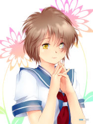 Rule 34 | 10s, 1girl, brown hair, fingers together, furutaka (kancolle), heterochromia, kantai collection, looking at viewer, own hands together, sailor collar, school uniform, serafuku, short hair, short sleeves, simple background, sleeve cuffs, solo, white background, yagisaka seto, yellow eyes