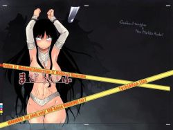 Rule 34 | 1girl, angry, black hair, breasts, censored, convenient censoring, mabinogi, morrighan, rape, restrained, ryo (liver sashi daisuki!), tagme, torn clothes, white eyes, yellow tape