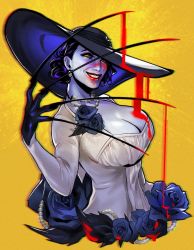Rule 34 | 1girl, alcina dimitrescu, black flower, black hair, black hat, black rose, blood, breasts, christine spiegel, cleavage, earrings, flower, hand up, hat, jewelry, large breasts, leaf, long fingers, long sleeves, necklace, pale skin, parted lips, red lips, resident evil, resident evil village, rose, smile, solo, yellow background, yellow eyes