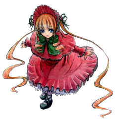 Rule 34 | 00s, 1girl, bad id, bad pixiv id, blonde hair, bow, bowtie, dress, drill hair, flower, green bow, green bowtie, green eyes, long sleeves, looking at viewer, red dress, rose, rozen maiden, shinku, sidelocks, simple background, solo, taishi (artist), taishi (picchiridou), twin drills, twintails, white background