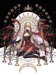 Rule 34 | 1girl, absurdly long hair, black background, black pantyhose, black wings, blonde hair, braid, breasts, candle, candlestand, cleavage, cleavage cutout, clothing cutout, commentary, crown braid, dragon, dress, expressionless, feathered wings, full body, hair ribbon, highres, holding, holding sword, holding weapon, long hair, long sleeves, looking at viewer, medium breasts, original, pantyhose, red dress, red eyes, red ribbon, ribbon, senano-yu, simple background, sitting, solo, sword, very long hair, weapon, white wings, wings, yokozuwari