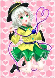 Rule 34 | 1girl, :o, artist request, bad id, bad twitter id, breasts, commentary request, full body, green eyes, grey hair, heart, heart background, heart of string, highres, honeycomb (pattern), honeycomb background, komeiji koishi, midair, short hair, small breasts, solo, third eye, touhou