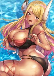 Rule 34 | 1girl, ass, bare shoulders, blonde hair, blush, bowcan, breasts, brown eyes, cleavage, dark-skinned female, dark skin, draph, granblue fantasy, highres, horn ornament, horn ribbon, horns, kumbhira (granblue fantasy), large breasts, long hair, looking at viewer, open mouth, parted bangs, pointy ears, ribbon, thighs, wet