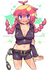 Rule 34 | 1girl, absurdres, bleuzer, blush, braid, breasts, cleavage, commission, cuffs, flying sweatdrops, hand on own arm, handcuffs, highres, large breasts, long hair, long sleeves, looking at viewer, navel, open mouth, original, partially unzipped, pink hair, purple eyes, short shorts, shorts, sweat, thighs, twin braids, zipper