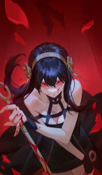 Rule 34 | 1girl, black dress, black hair, blood, blood on face, dagger, dress, flower, hair flower, hair ornament, highres, holding, holding dagger, holding knife, holding weapon, jinwu (jinwudraw), knife, red background, red eyes, simple background, spy x family, weapon, yor briar