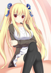 Rule 34 | 1girl, bad id, bad pixiv id, black thighhighs, blonde hair, bow, breasts, casual, crossed arms, crossed legs, hair bow, hair ribbon, large breasts, long hair, looking at viewer, original, red eyes, ribbon, ro-ichi, sitting, solo, thighhighs, twintails