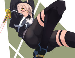 Rule 34 | 1girl, ahoge, arms behind head, artoria pendragon (fate), ass, bike shorts, black jacket, black thighhighs, blonde hair, blush, breasts, commentary, dynamic pose, english commentary, fate/grand order, fate (series), glasses, gym uniform, highres, holding, holding sword, holding weapon, jacket, looking at viewer, mysterious heroine x alter (fate), mysterious heroine x alter (second ascension) (fate), sakiwana atsuki, semi-rimless eyewear, small breasts, solo, sword, thigh strap, thighhighs, thighs, weapon, yellow eyes