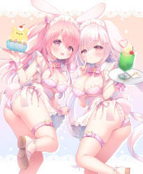 Rule 34 | 2girls, animal ears, apron, ass, ass cutout, bikini, braid, breasts, butt crack, cherry, cleavage, clothing cutout, commentary request, crazy straw, drinking straw, food, frilled apron, frills, fruit, hair between eyes, hair ornament, hairclip, heart straw, highres, holding, holding tray, ice cream, ice cream float, large breasts, long hair, maid headdress, multiple girls, original, pink hair, plaid, plaid bikini, purple bikini, rabbit ears, rabbit girl, rabbit tail, red eyes, sakura (usashiro mani), spoon, swimsuit, tail, tray, twisted torso, usashiro mani, very long hair, white apron, white hair, wrist cuffs