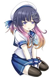 Rule 34 | 1girl, black thighhighs, blue neckerchief, blue sailor collar, blue skirt, gloves, gradient hair, hat, highres, kantai collection, long hair, multicolored hair, neckerchief, pleated skirt, puffy short sleeves, puffy sleeves, purple hair, sailor collar, sailor hat, school uniform, serafuku, short sleeves, simple background, skirt, smile, solo, thighhighs, tk8d32, tsushima (kancolle), white background, white gloves, white hat, yellow eyes