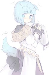 Rule 34 | 1girl, animal ears, back, bad id, bad pixiv id, blue eyes, blue hair, blush, dog ears, dog tail, dress, fire emblem, fire emblem echoes: shadows of valentia, nintendo, silque (fire emblem), simple background, solo, tail, teu (navy), upper body, veil, white background