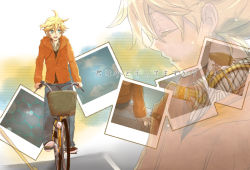 Rule 34 | 1boy, bicycle, bicycle basket, blonde hair, blue eyes, cellphone, chain-link fence, commentary, denim, fence, full body, holding, holding hands, holding phone, jacket, jeans, kagamine len, male focus, open mouth, orange jacket, pants, phone, photo (object), projected inset, road, sakanashi, shoes, sky, sneakers, spiked hair, street, translated, vocaloid, worried
