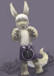 Rule 34 | 1other, @ @, alternate costume, androgynous, animal ears, animal feet, apron, body fur, bondrewd, brown fur, cartridge (made in abyss), character print, chiyo maru, commentary request, dutch angle, full body, furry, highres, looking at viewer, made in abyss, monochrome background, nanachi (made in abyss), parted lips, pile, print apron, purple apron, short hair, signature, solo, standing, tail, teeth, text print, topless, triangle mouth, waist apron, whiskers, white hair, yellow eyes