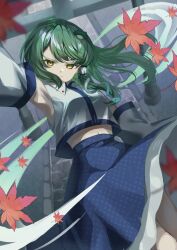 Rule 34 | 1girl, absurdres, armpits, bare shoulders, blue skirt, closed mouth, detached sleeves, frog hair ornament, green hair, hair ornament, hair tubes, highres, japanese clothes, kochiya sanae, leaf, long hair, maguri rei, maple leaf, nontraditional miko, skirt, snake hair ornament, solo, torii, touhou, white sleeves, wide sleeves, yellow eyes