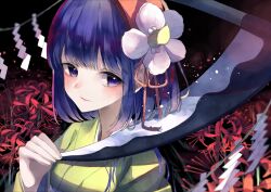 Rule 34 | 1girl, blush, closed mouth, commentary request, flower, green kimono, hair flower, hair ornament, hieda no akyuu, highres, japanese clothes, jigsaw paru, kimono, long sleeves, looking at viewer, purple eyes, purple hair, red flower, scythe, shide, short hair, solo, spider lily, touhou