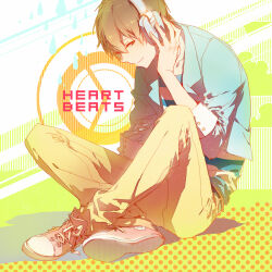 Rule 34 | 1boy, blue jacket, blue shirt, blue sleeves, brown eyes, brown hair, brown pants, character request, closed mouth, cloud, coattails, collarbone, collared jacket, commentary request, cross-laced footwear, crossed ankles, english text, full body, green background, hand on headphones, indie utaite, jacket, long sleeves, looking at viewer, male focus, pants, pink footwear, polka dot, rella, shadow, shirt, shoes, short hair, sitting, sleeves past elbows, smile, sneakers, solo, song name, striped background, striped clothes, striped shirt, two-tone background, two-tone shirt, utaite, water drop, white background, white headphones, white shirt