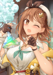 Rule 34 | 1girl, absurdres, alchemy, atelier (series), beret, black hairband, braid, breasts, brown eyes, brown gloves, brown hair, cleavage, commentary request, drop earrings, earrings, flask, gloves, hairband, hands up, hat, highres, holding, holding flask, indoors, jacket, jewelry, key, key necklace, large breasts, necklace, one eye closed, open mouth, partially fingerless gloves, reisalin stout, satsuki (mikatsuki), shirt, sleeveless, sleeveless jacket, sleeveless shirt, star (symbol), star earrings, upper body, white headwear, white shirt, yellow jacket