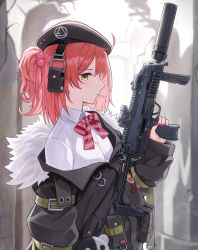 Rule 34 | 1girl, absurdres, beret, black headwear, black jacket, bow, bowtie, candy, collared shirt, food, food in mouth, girls&#039; frontline, gun, h&amp;k mp7, hat, heckler &amp; koch, highres, holding, holding gun, holding weapon, jacket, junshiki, lollipop, long sleeves, magazine (weapon), mp7 (girls&#039; frontline), orange eyes, ponytail, red bow, red bowtie, red hair, shirt, submachine gun, suppressor, trigger discipline, upper body, weapon, white shirt