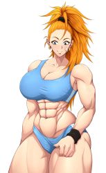 Rule 34 | 1girl, abs, absurdres, bandaid, bare shoulders, blue eyes, blush, captain mizuki, cleavage cutout, clothing cutout, embarrassed, female focus, gym uniform, highres, long hair, looking at viewer, muscular, muscular arms, muscular female, muscular legs, one-punch man, orange hair, ornament, pulling, smile, solo, sweat, very long hair