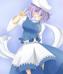 Rule 34 | 1girl, apron, bad id, bad pixiv id, blue eyes, blush, breasts, colo, female focus, hat, highres, juliet sleeves, lapel pin, large breasts, letty whiterock, long sleeves, minorinashi, puffy sleeves, purple hair, scarf, short hair, skirt, smile, solo, touhou, v, vest, white scarf