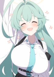 Rule 34 | 1girl, ahoge, blue archive, blue necktie, blush, breasts, closed eyes, collared shirt, green hair, halo, highres, huge ahoge, id card, large breasts, long hair, necktie, open mouth, overall skirt, shirt, smile, solo, supershiruco, waving, white shirt, yume (blue archive)