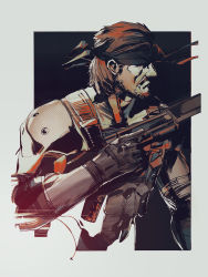 Rule 34 | 1boy, alterab, bandana, beard, black gloves, bodysuit, border, brown hair, facial hair, gloves, highres, male focus, metal gear (series), metal gear solid, solid snake, solo, tactical clothes, upper body, weapon, white border