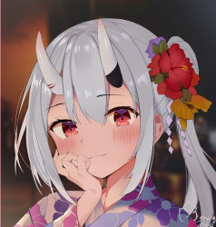 Rule 34 | 1girl, blurry, blurry background, blush, closed mouth, commentary request, depth of field, floral print, flower, grey hair, grey kimono, hair between eyes, hair flower, hair ornament, hand up, highres, hololive, horns, japanese clothes, kimono, long hair, looking at viewer, mangmao, nakiri ayame, oni, print kimono, red eyes, red flower, side ponytail, signature, skin-covered horns, smile, solo, upper body, virtual youtuber