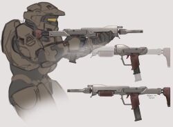 Rule 34 | 1boy, 2023, armor, artist name, assault visor, commentary, english commentary, grey background, gun, halo (series), highres, holding, holding gun, holding weapon, m6d, male focus, power armor, redesign, ruben menzel, science fiction, sketch, spartan (halo), submachine gun, weapon