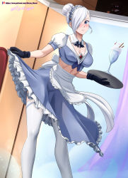Rule 34 | 1girl, absurdres, apron, artist name, black gloves, blu, bluart, blue eyes, breasts, cleavage, clothes lift, crop top, detached collar, feet out of frame, food, glass, gloves, hair bun, hair over one eye, highres, ice cream, indoors, maid, maid apron, maid headdress, medium breasts, midriff, patreon username, photoshop (medium), pulling own clothes, rwby, short sleeves, single hair bun, skirt, skirt lift, solo, standing, sundae, thighhighs, thighs, tray, vilde loh hocen, watermark, white hair, winter schnee