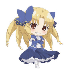 Rule 34 | 1girl, blonde hair, blue bow, blue dress, blush, boots, bow, brown eyes, chibi, commentary request, dress, drill hair, fate/kaleid liner prisma illya, fate (series), hair ornament, long hair, long sleeves, looking at viewer, luviagelita edelfelt, no nose, official art, pantyhose, shoes, simple background, solo, standing, teeth, very long hair, white background, white footwear, white pantyhose