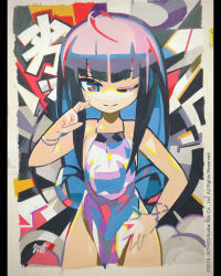 Rule 34 | 1girl, abstract background, ahoge, artist name, bad id, bad pixiv id, bare shoulders, blue eyes, blunt bangs, bracelet, crossed fingers, dated, highres, jewelry, jnt, long hair, looking at viewer, one eye closed, original, signature, smile, solo, traditional media