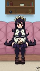 Rule 34 | 1girl, black hair, blush, couch, filia (skullgirls), half-closed eyes, hands on lap, highres, indoors, kichatun dk, living room, long hair, looking at viewer, necktie, open mouth, pleated skirt, red eyes, school uniform, seductive smile, shelf, sitting, skirt, skullgirls, smile, solo, thighhighs, tongue, tongue out