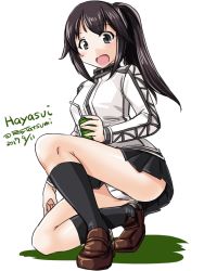Rule 34 | 10s, 1girl, :o, alternate hair length, alternate hairstyle, black hair, black skirt, character name, cup, dated, grey eyes, hayasui (kancolle), holding, holding cup, jacket, kantai collection, kneeling, loafers, looking at viewer, miniskirt, on one knee, panties, pantyshot, pleated skirt, ponytail, shoes, short hair, skirt, solo, tatsumi ray, track jacket, twitter username, underwear, white background, white panties