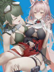 Rule 34 | 2girls, absurdres, animal ear fluff, animal ears, arknights, breasts, carrying, closed eyes, closed mouth, gavial (arknights), gavial the invincible (arknights), goggles, goggles on head, green hair, hair intakes, high-waist skirt, highres, large breasts, long hair, mask, mask around neck, multiple girls, open mouth, pink eyes, pink hair, pointy ears, pouch, pozyomka (arknights), princess carry, red skirt, skirt, smile, susukawa (susucawa), thigh pouch, wolf ears, wolf girl