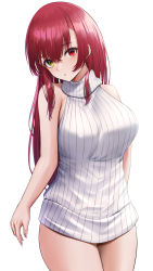 Rule 34 | 1girl, :o, absurdres, arm behind back, breasts, cowboy shot, hair between eyes, hair down, heterochromia, highres, hololive, houshou marine, laimer, large breasts, long hair, looking at viewer, meme attire, no pants, parted lips, red eyes, red hair, simple background, solo, straight hair, sweater, thighs, turtleneck, turtleneck sweater, virgin killer sweater, virtual youtuber, white background, white sweater, yellow eyes