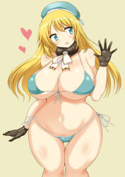 Rule 34 | 10s, 1girl, :d, aqua eyes, atago (kancolle), bikini, blonde hair, blush, breasts, cleavage, curvy, gloves, hat, huge breasts, kantai collection, long hair, micro bikini, navel, open mouth, panties, plump, side-tie panties, smile, solo, swimsuit, thick thighs, thigh gap, thighs, underwear, wedge (tyrl stride), wide hips