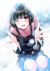 Rule 34 | 1girl, black hair, blurry, blush, coat, depth of field, duffel coat, enpera, hair ornament, hairclip, highres, kazuharu kina, kneehighs, long hair, looking at viewer, one eye closed, open mouth, original, outstretched arms, outstretched hand, pink scarf, pov, reaching, reaching towards viewer, red eyes, scarf, snow, socks, solo, squatting