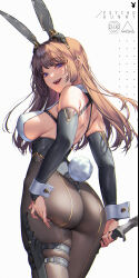 Rule 34 | 1girl, absurdres, animal ears, arched back, ass, back, bare shoulders, blue eyes, bodystocking, breasts, brown hair, covered erect nipples, elbow sleeve, from behind, hand on own ass, highleg, highleg leotard, highres, holding, holding knife, holding weapon, holster, knife, large breasts, leotard, long hair, looking at viewer, looking back, love cacao, open mouth, original, pantyhose, playboy bunny, purple eyes, rabbit ears, rabbit tail, see-through, see-through legwear, sideboob, simple background, smile, solo, strap, tail, thigh holster, thigh strap, upper body, weapon, white background, wrist cuffs